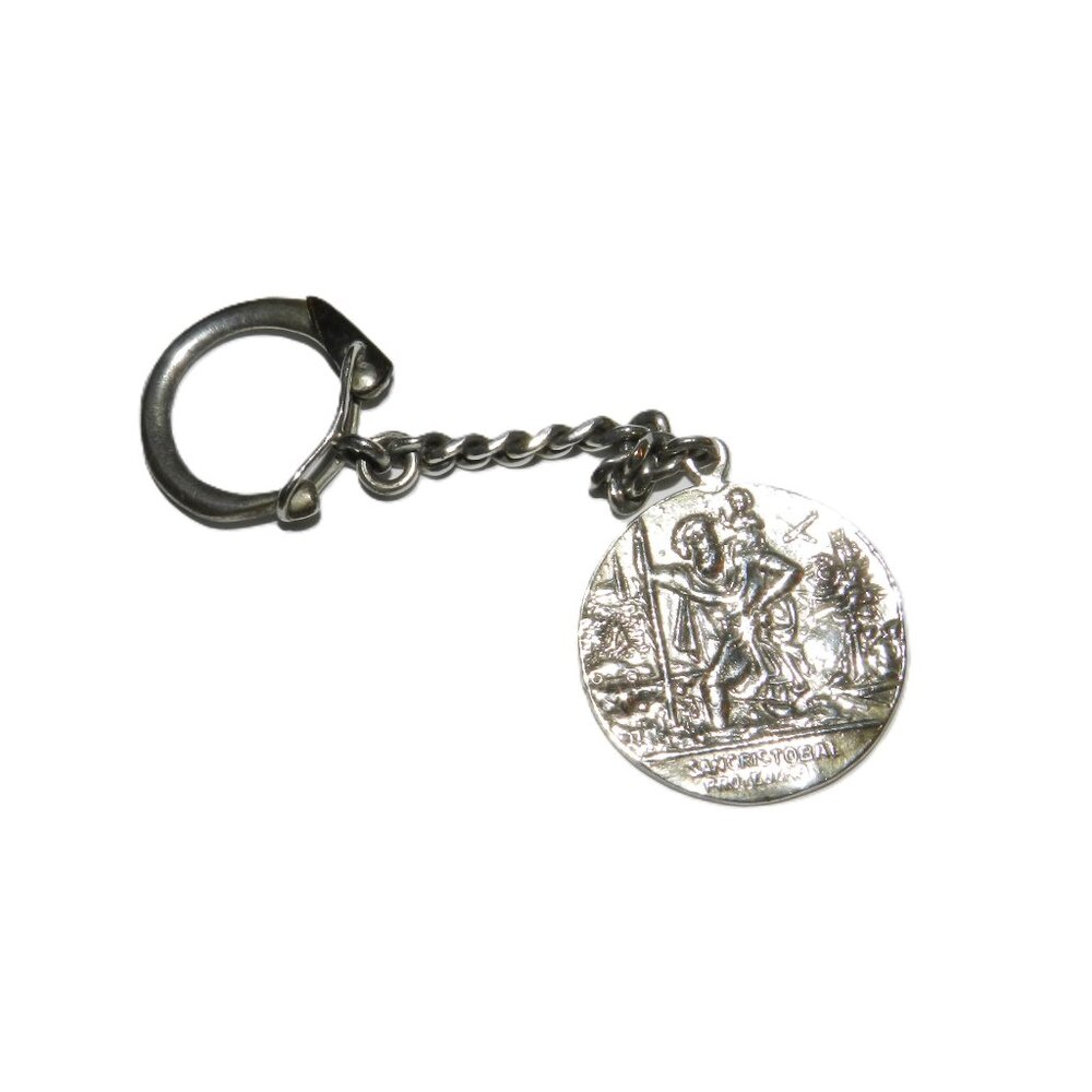 Mexico Sterling Silver San Cristobal Religious Medal Key Chain Protegenos